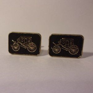 "Vtg Black Gold Tone Carriage Cuff Links "